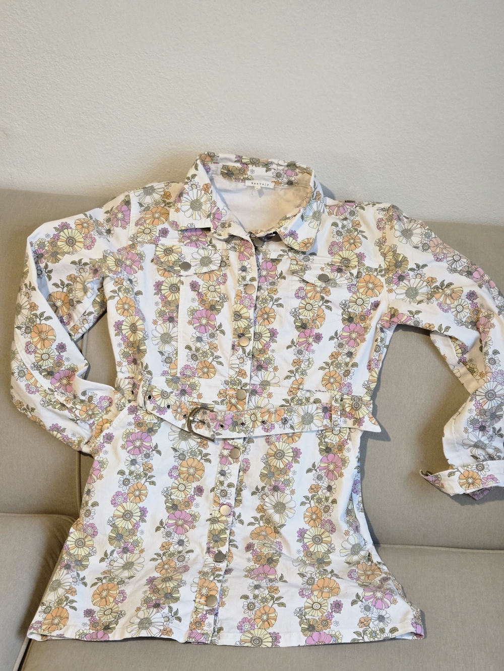 BaeVely Retro Floral Denim Shirt Dress Belted Snap Front L
